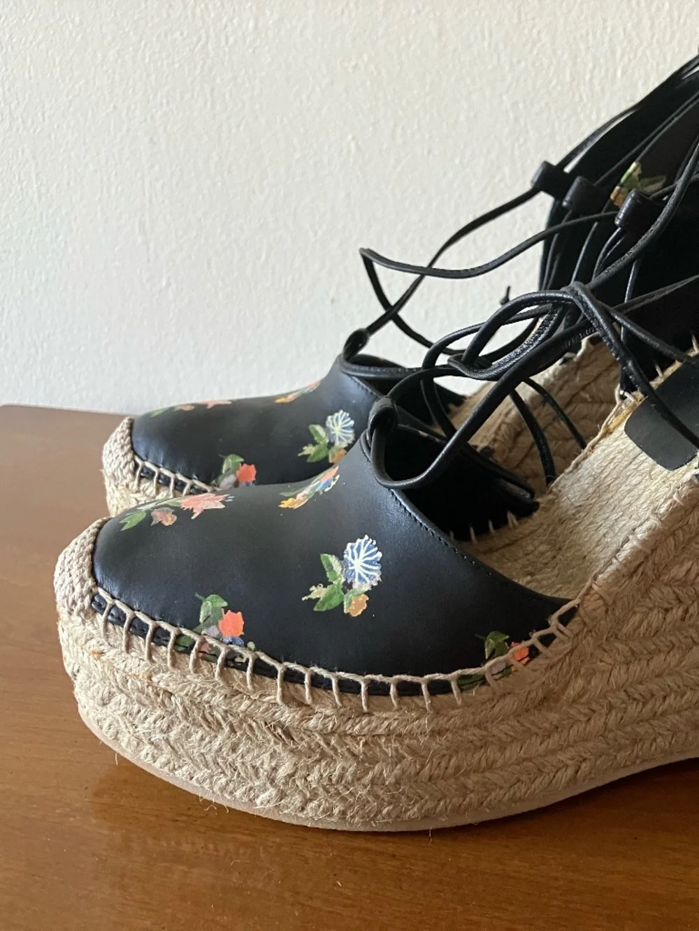 Saint Laurent YSL Grunge Flower Print Black Leather Espadrille Wedge EU 39/US 9